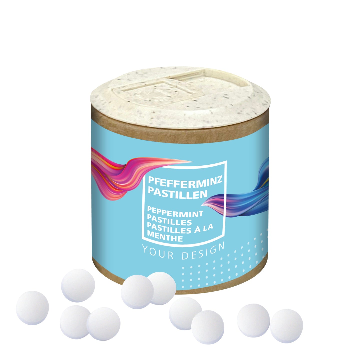 Papier-Werbedose mit Pfefferminzpast.
