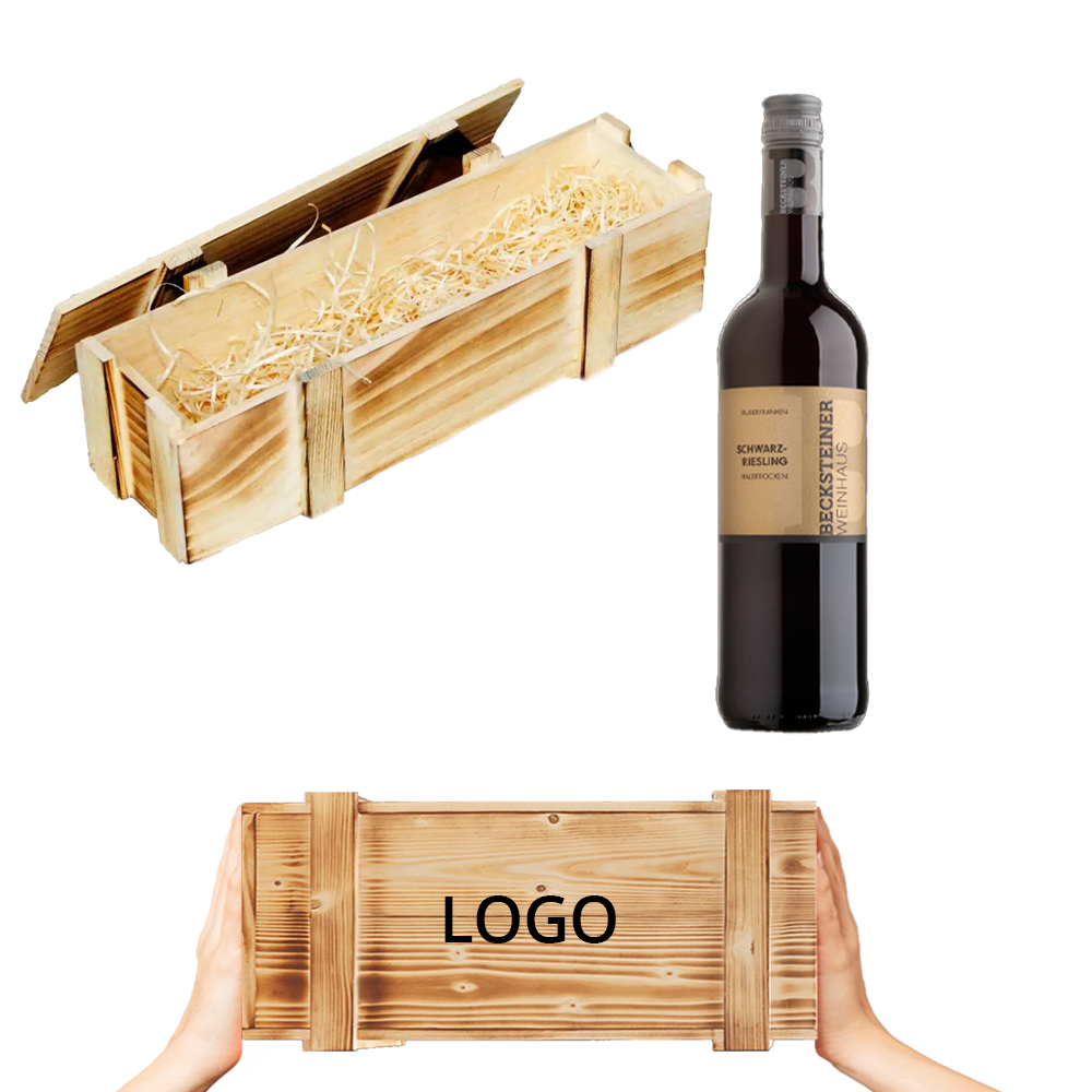 Jubiläum Holzkiste mit Weinflasche